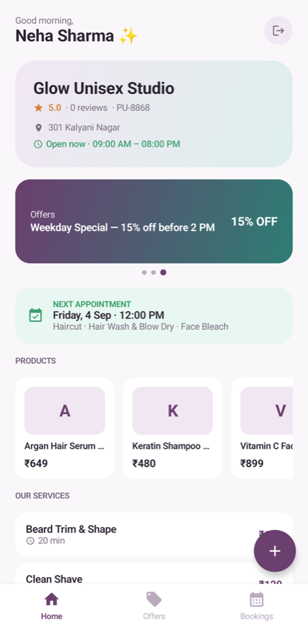 Client home screen showing the salon, its offers, the next appointment, products and services