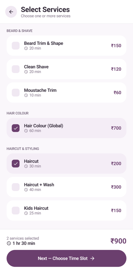 Service selection with two services ticked and a running total of time and price
