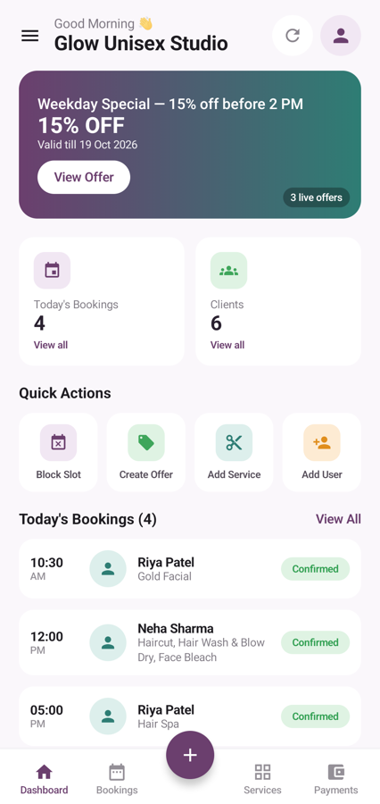 Kresona Partner dashboard: today's bookings, client count and the day's appointments