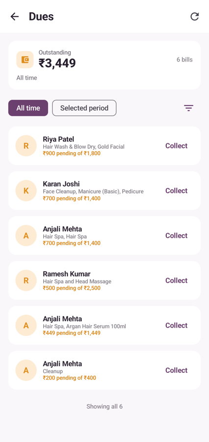 Dues screen listing every client with money outstanding and a Collect action
