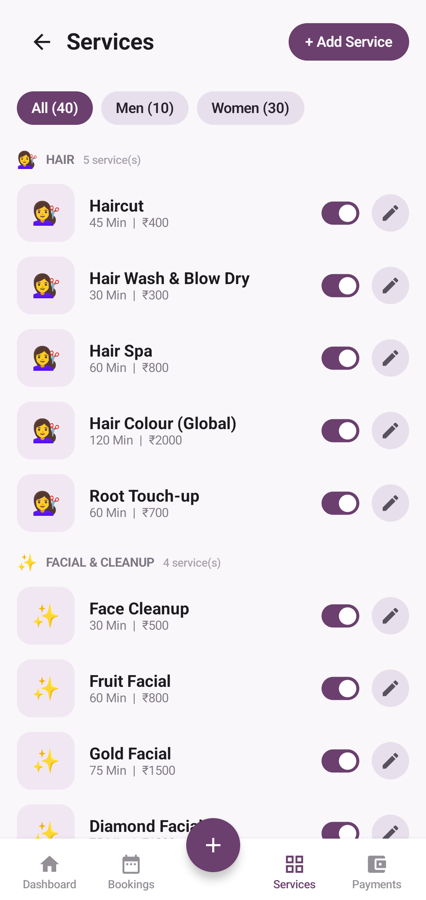 Service menu with All, Men and Women tabs
